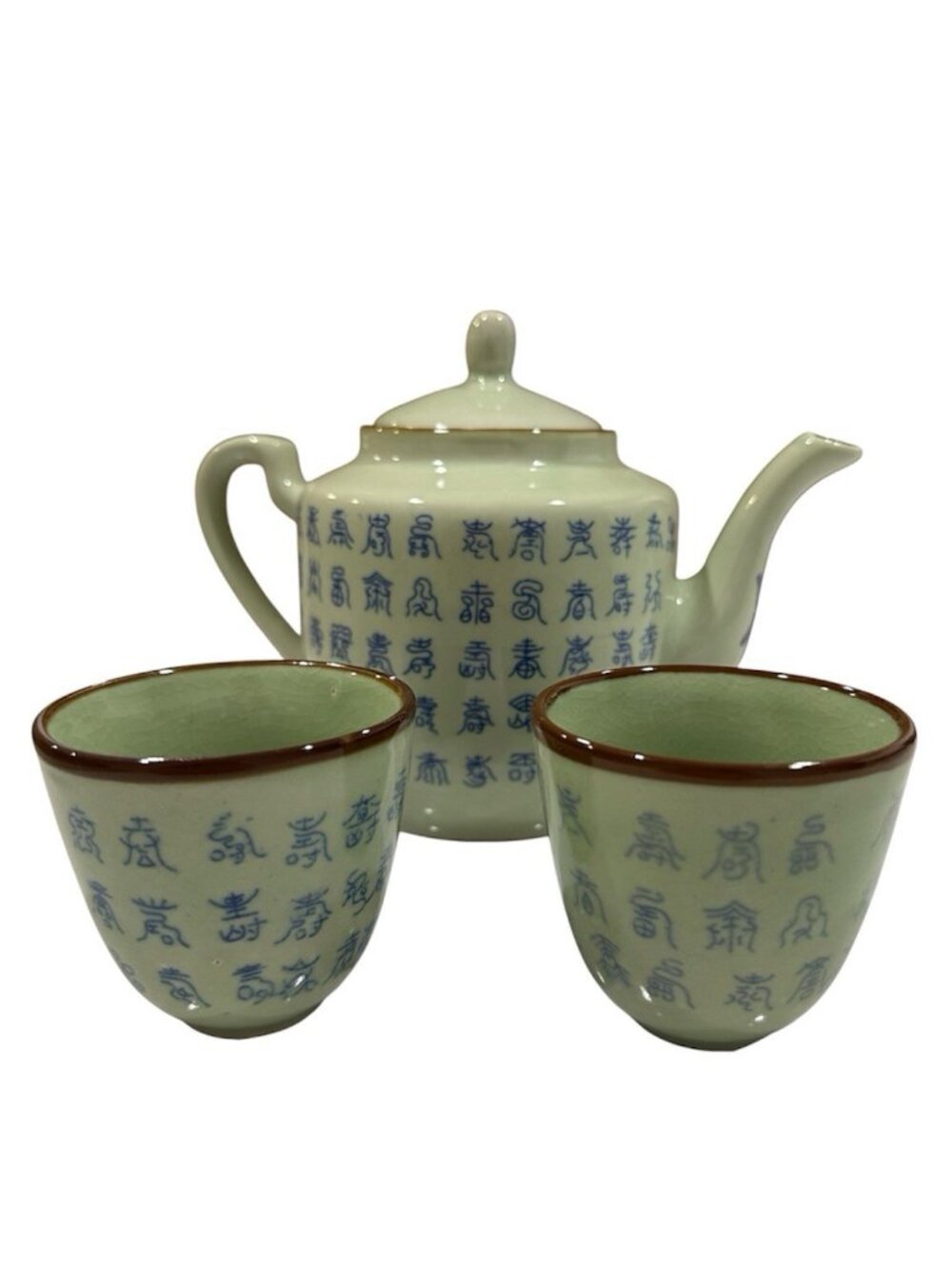 Vintage Chinese Celadon Tea Set Teapot Cups Ming Dynasty Xuande Mark Shou Style